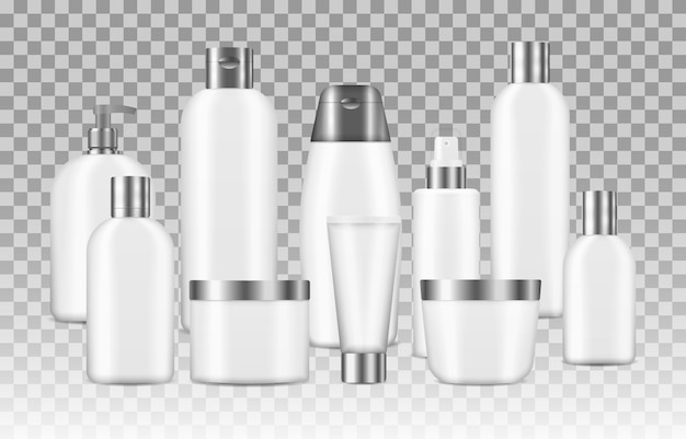 3d varias maquetas de contenedores en blanco, que incluyen jarra, botella de bomba, tubo de crema aislado sobre fondo transparente Conjunto de botellas limpias blancas cosméticas realistas. Paquete cosmético realista.