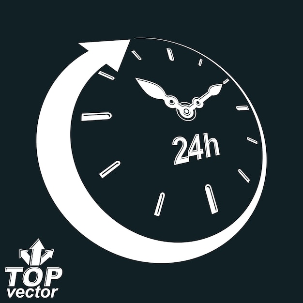 3d vector 24 horas reloj ilustración en blanco y negro. Símbolo estilizado dimensional día y noche. Veinticuatro horas al día elemento de diseño conceptual. Invertir versión.