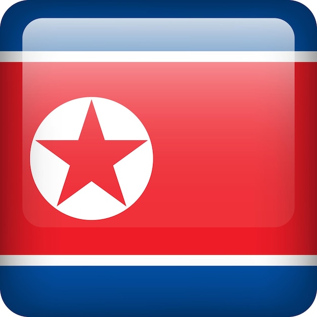 3d, vector, bandera de corea del norte, botón brillante, emblema de corea del norte, icono cuadrado, con, bandera, de, corea del norte