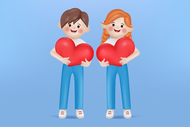 3d vector ilustración dibujos animados lindo mujer y hombre personaje sosteniendo 3d símbolo de corazón