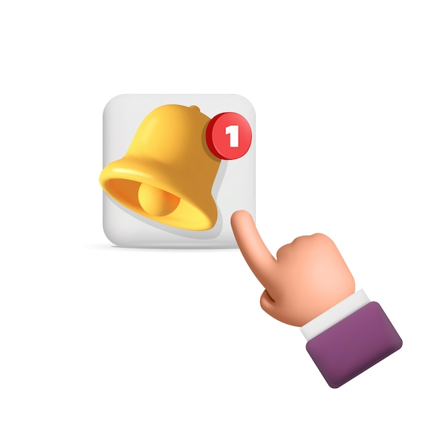 3d vector mano de hombre haga clic en el icono de recordatorio de campana de suscripción o en el nuevo diseño de señal de mensaje de boletín