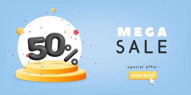 3d vector negro 50 de descuento venta símbolo oro plataforma podio mega venta banner diseño fondo