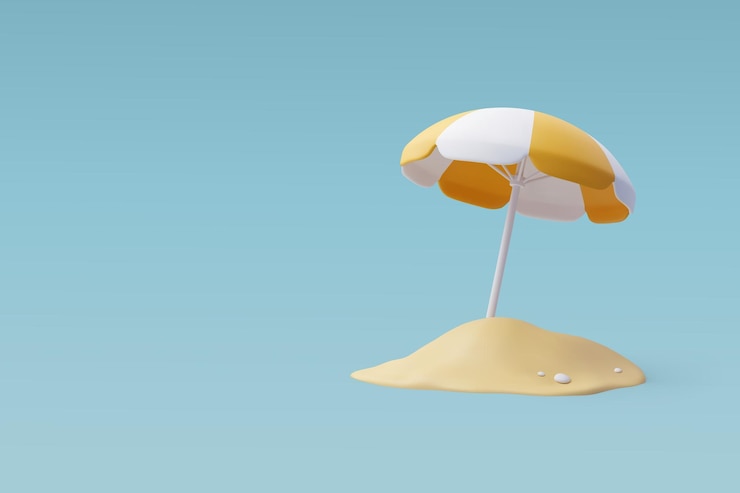Vector 3d vector playa paraguas amarillo verano relajarse tiempo para viajar concepto