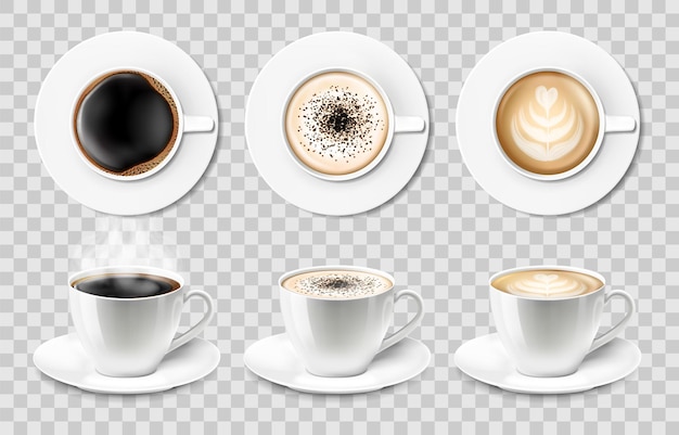 3d vector realista aislado tazas de café de cerámica blanca con platillo, vista superior y lateral, capuchino, americano, espresso, moka, latte, cacao. juego de tazas de café o taza sobre un fondo transparente