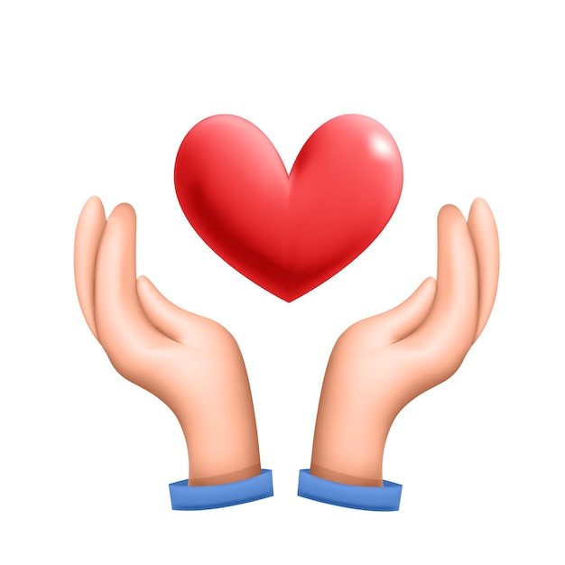 3d vector realista render dos manos sosteniendo y armando diseño de icono de corazón rojo