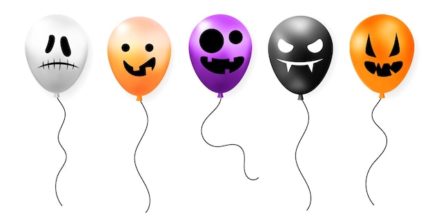 3d vector realista render globos de Halloween con diseño de elementos de expresiones faciales