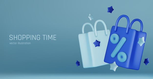 3d vector render bolsa de compras en línea utilizando etiquetas promoción o dinero en efectivo para uso futuro 3d vector tienda compra canasta tienda minorista en el comercio electrónico