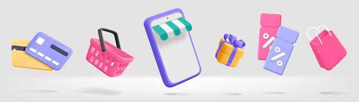 Vector 3d vector set artículos de compras en línea aire flotante teléfono móvil cupones bolsa regalo tarjeta de crédito cesta