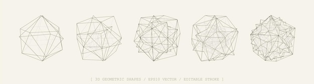 3D vector shapes set Abstract polyhedron forms in geometry style Geometric elements includes wireframe lines stars cubes polygon structures Mesh graphic design for tech math science concepts