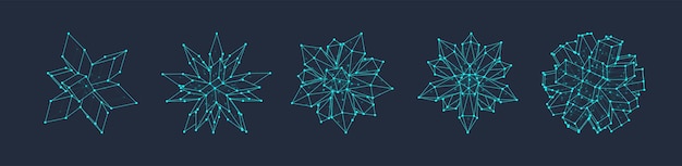 3D vector shapes set Abstract polyhedron forms in geometry style Geometric elements with lines and dots wireframe crystal cubes polygon structures Mesh graphic for tech math science concepts