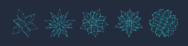 Vector 3d vector shapes set abstract polyhedron forms in geometry style geometric elements with lines and dots wireframe crystal cubes polygon structures mesh graphic for tech math science concepts