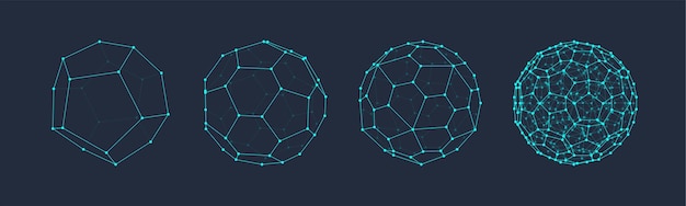 3D vector shapes set Abstract polyhedron forms in geometry style Geometric elements with lines and dots wireframe spheres polygon structures Mesh graphic design for tech math science concepts
