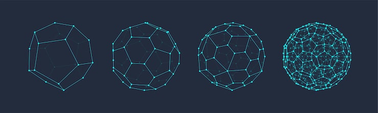 Vector 3d vector shapes set abstract polyhedron forms in geometry style geometric elements with lines and dots wireframe spheres polygon structures mesh graphic design for tech math science concepts