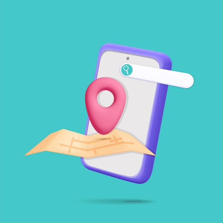 3d vector simple teléfono inteligente con pin de ubicación y diseño de símbolo de mapa