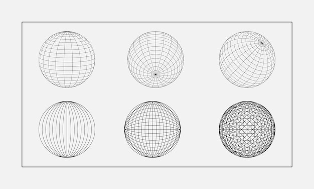 3d wireframe esfera colección globo o bola en círculo red alambre retro futurista geometría estética estructura alámbrica formas cuadrícula elementos cyberpunk en estilo rave psicodélico de moda