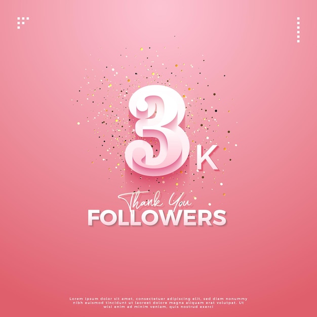 3k seguidores con números clásicos y diseño de color rosa de vector premium
