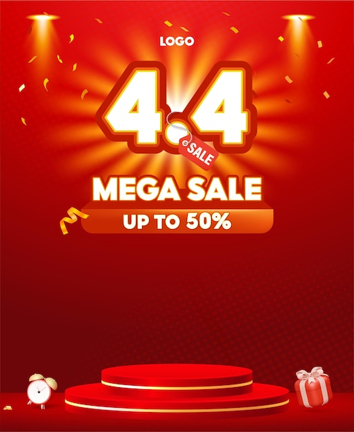 4 de abril Mega Banner de venta con fondo rojo y efectos de reflectores