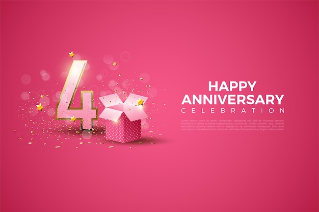 4º aniversario con fondo rosa y caja de regalo junto a números.