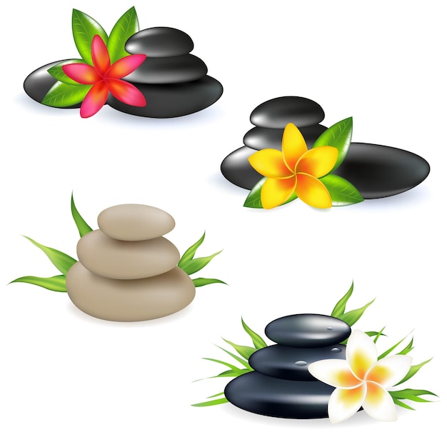 4 bodegón de spa con frangipani, piedras y hojas de bambú