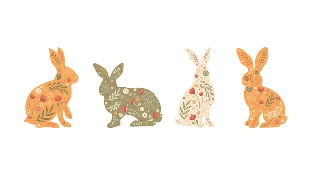 4 Conejo de Pascua en colores antiguos Ilustraciones con siluetas de conejos Flores de primavera Abstracto