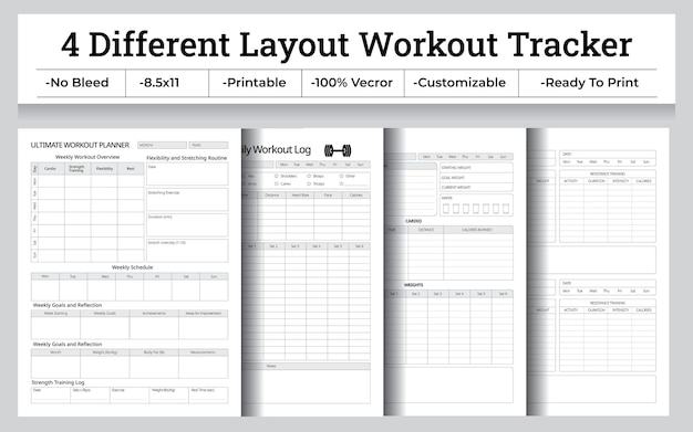 4 Diferente diseño de rastreador de entrenamiento o ilustración vectorial interior para el seguimiento de fitness