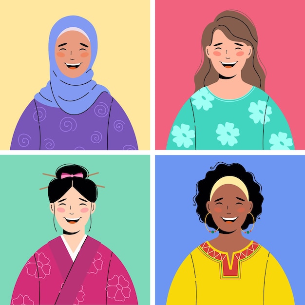 4 diversos iconos de avatar de mujeres sonrientes felices hermosas. diversidad de razas y nacionalidades, colección de personajes femeninos multiculturales y multiétnicos. vector.