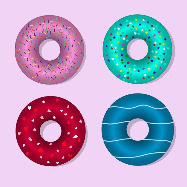 4 donuts coloridos en un estilo moderno sobre un fondo rosa Colección de vectores Comida dulce Ilustración vectorial Fondo blanco Fondo de arte abstracto