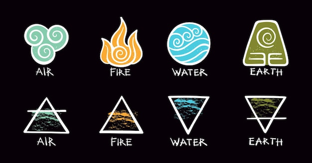 4 elementos de la naturaleza iconos texturizados abstractos para aire, fuego, agua y tierra