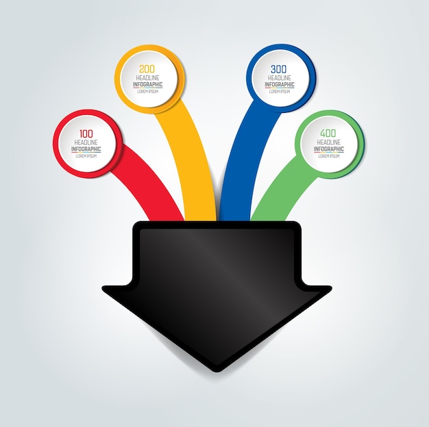 4 flechas que se fusionan en un esquema de gráfico infográfico de un punto