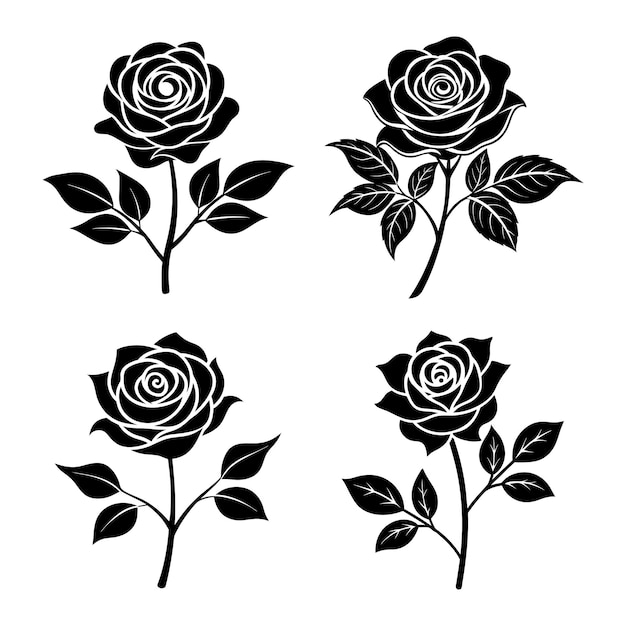 4 juegos de silueta de flor de rosa icono logotipo gráfico silueta ilustración de arte vectorial