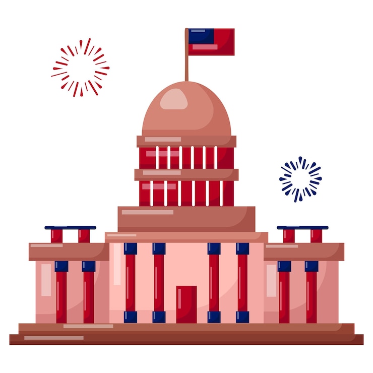 Vector 4 de julio bandera estadounidense ondeando en el domo del capitolio de los estados unidos concepto dc monumentos y memoriales color vectorial