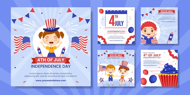 4 de julio Día de la Independencia EE. UU. Publicación en redes sociales Dibujos animados planos Plantillas dibujadas a mano Ilustración