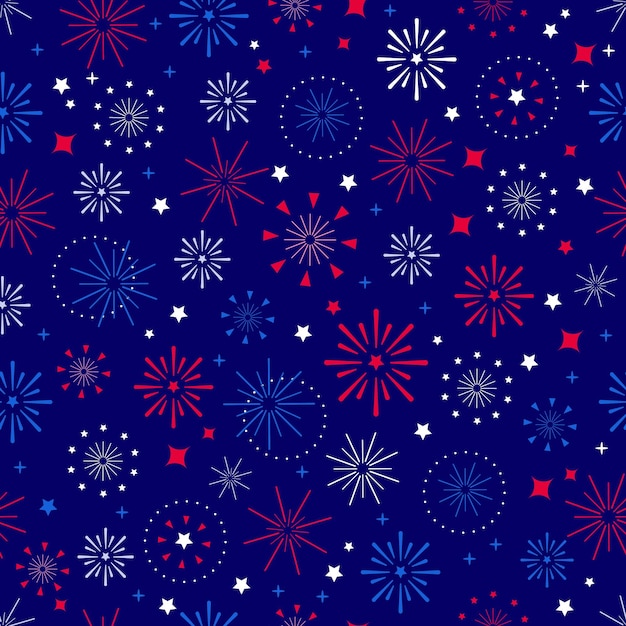 4 de julio Día de la Independencia de los Estados Unidos patrón sin costuras con fuegos artificiales rojos, azules y blancos