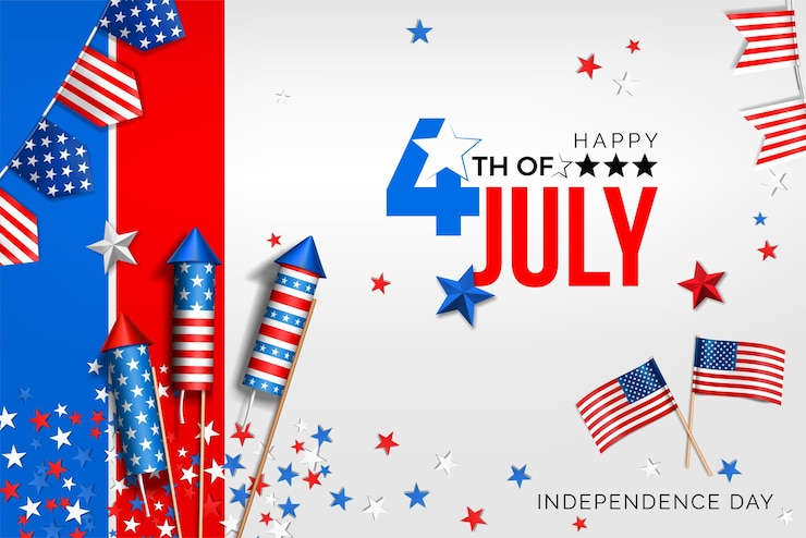 Vector 4 de julio diseño de banner de celebración del día de la independencia de estados unidos con bandera estadounidense y fuegos artificiales de cohetes