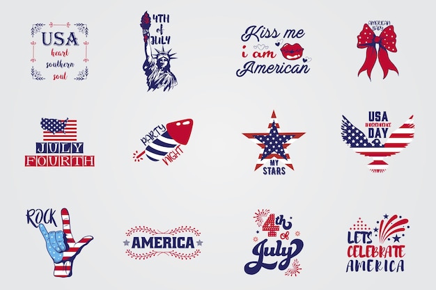 4 de julio EE.UU. Emblemas y letras Bundle Diseños vectoriales de estilo de bandera estadounidense