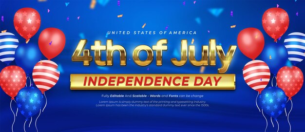 4 de julio efecto de texto editable celebración del día de la independencia de estados unidos con muchos globos americanos bandera