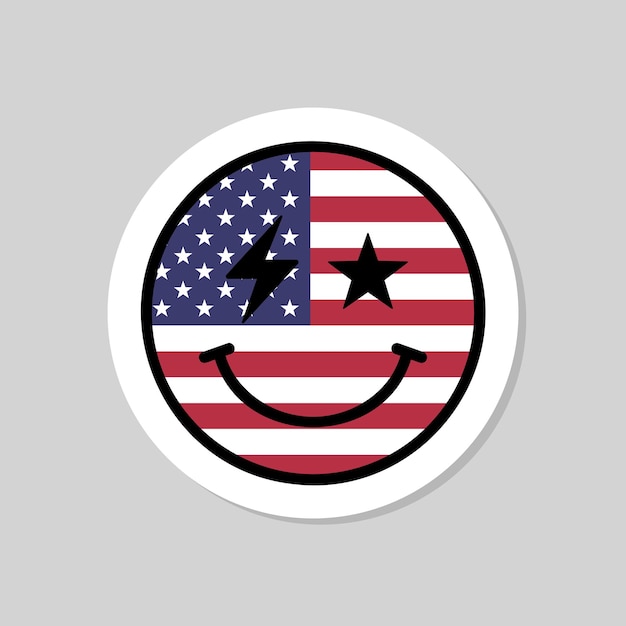 4 de julio emoji sticker cara sonriente retro de Estados Unidos con perno y ojos de estrella elemento de diseño vectorial