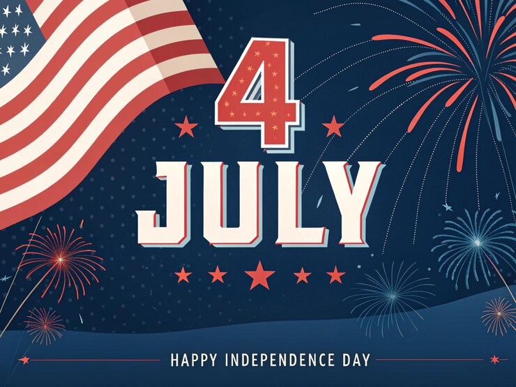4 de julio Feliz Día de la Independencia Fondo con fuegos artificiales de la bandera estadounidense y tipografía patriótica