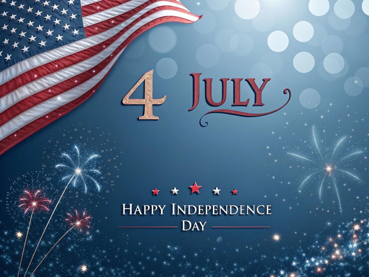 4 de julio Feliz Día de la Independencia Fondo con fuegos artificiales de la bandera estadounidense y tipografía patriótica