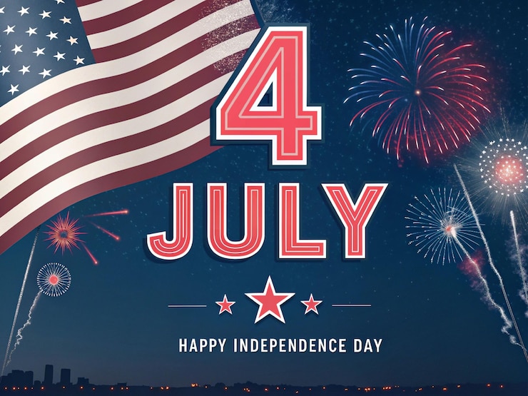 4 de julio Feliz Día de la Independencia Fondo con fuegos artificiales de la bandera estadounidense y tipografía patriótica