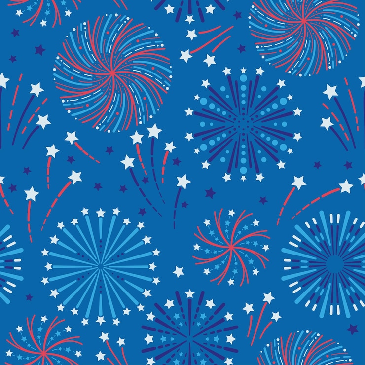 Vector 4 de julio fuegos artificiales y estrellas de patrones sin fisuras
