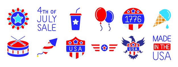 4 de julio icono de juego cohete tambor EE.UU. escudo globos águila fuegos artificiales taza de refresco calendario bandera estadounidense sombrero hamburguesa barbacoa dirigible gafas de sol símbolos patrióticos concepto del día de la independencia
