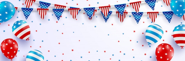 4 de julio plantilla de blackguards. Celebración del día de la independencia de Estados Unidos con globos y guirnaldas de triángulo americano bandera.
