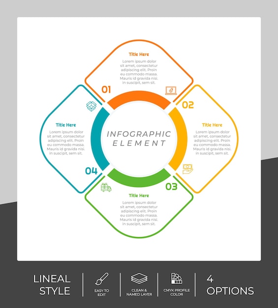 4 opciones de diseño de vector infográfico de línea con objeto circular para marketing La opción infográfica se puede utilizar para presentaciones y negocios