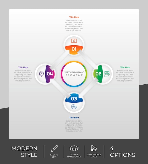 4 opciones de diseño vectorial infográfico moderno con objeto circular para marketing La opción infográfica se puede utilizar para presentaciones y negocios