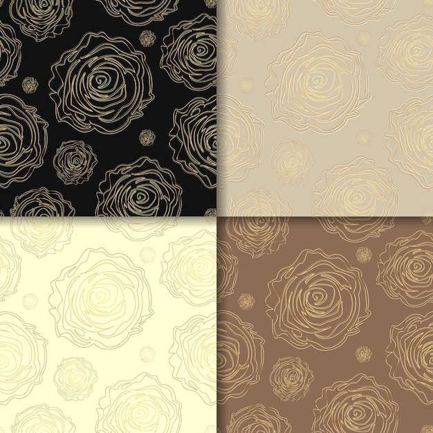 4 patrones interminables de lujo con capullos de rosas doradas. Estampado floral romántico dibujado a mano. Bosquejo de flores