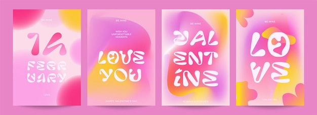 4 tarjetas del Día de San Valentín con gradiente rosa y amarillo tipografía creativa