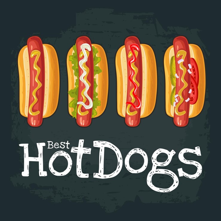 Vector 4 tipos diferentes de hotdog con tomate ketchup mayonesa lechuga mostaza cebolla vector color plano icono