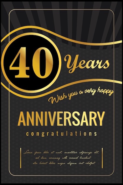 Celebración del aniversario de 40 años con marco dorado y brillo dorado  sobre fondo negro. diseño