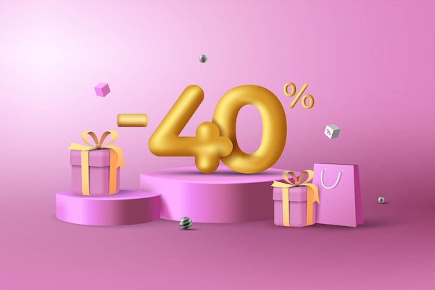 Vector 40 por ciento de descuento en números de descuento de oro 3d en el podio con bolsa de compras y caja de regalo